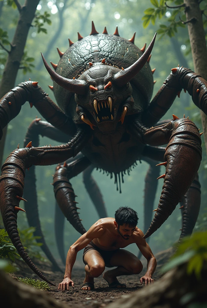 A photo of a giant spider eating a man. The spider is sitting on a rocky terrain, and the man's body is partially inside the spider'smouth. The spider has multiple eyes and thick, hairy legs. The man is wearing a shirt and pants. The background is blurred and contains trees.