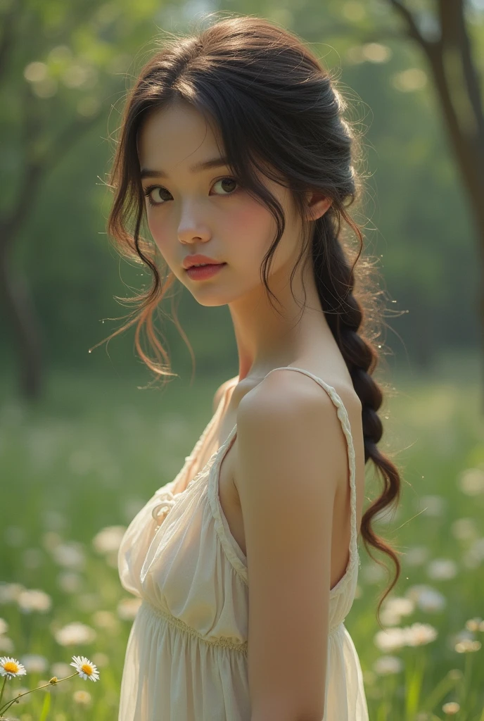 a close up of a woman sitting on a bench in a white dress, ruan jia beautiful!, dilraba dilmurat, Asian girl with long hair, gorgeous chinese models, inspired by Zhang Yan, Inspired by Huang Ji, Li Zixin, Chinese girl, beautiful Korean women, Inspired by Dai Xi, inspired by Hua Yan, Beautiful young Korean woman