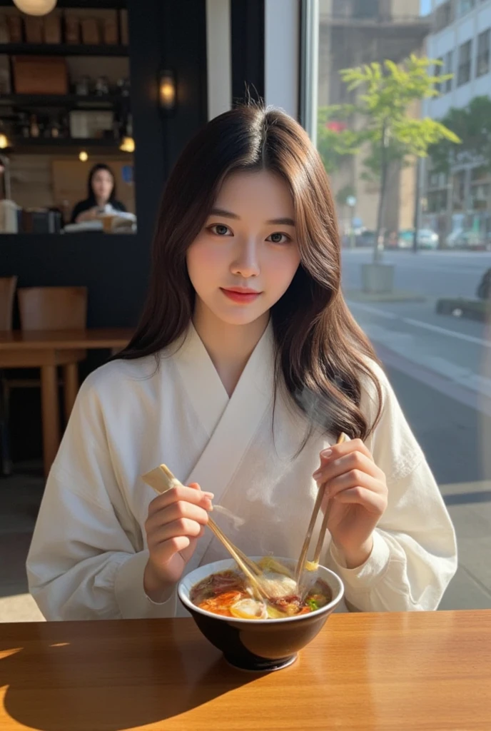 The woman sits at the table，Holding a bowl of food and chopsticks, Sitting in Beijing, eating ramen noodles, chiho, harumi, shot on leica sl2, Hanfu, in front of ramen shop, A young Asian woman melon seed face, shot with sigma f / 4. 2, shot with sigma f/ 4.2, mitsumayo, Eating noodles