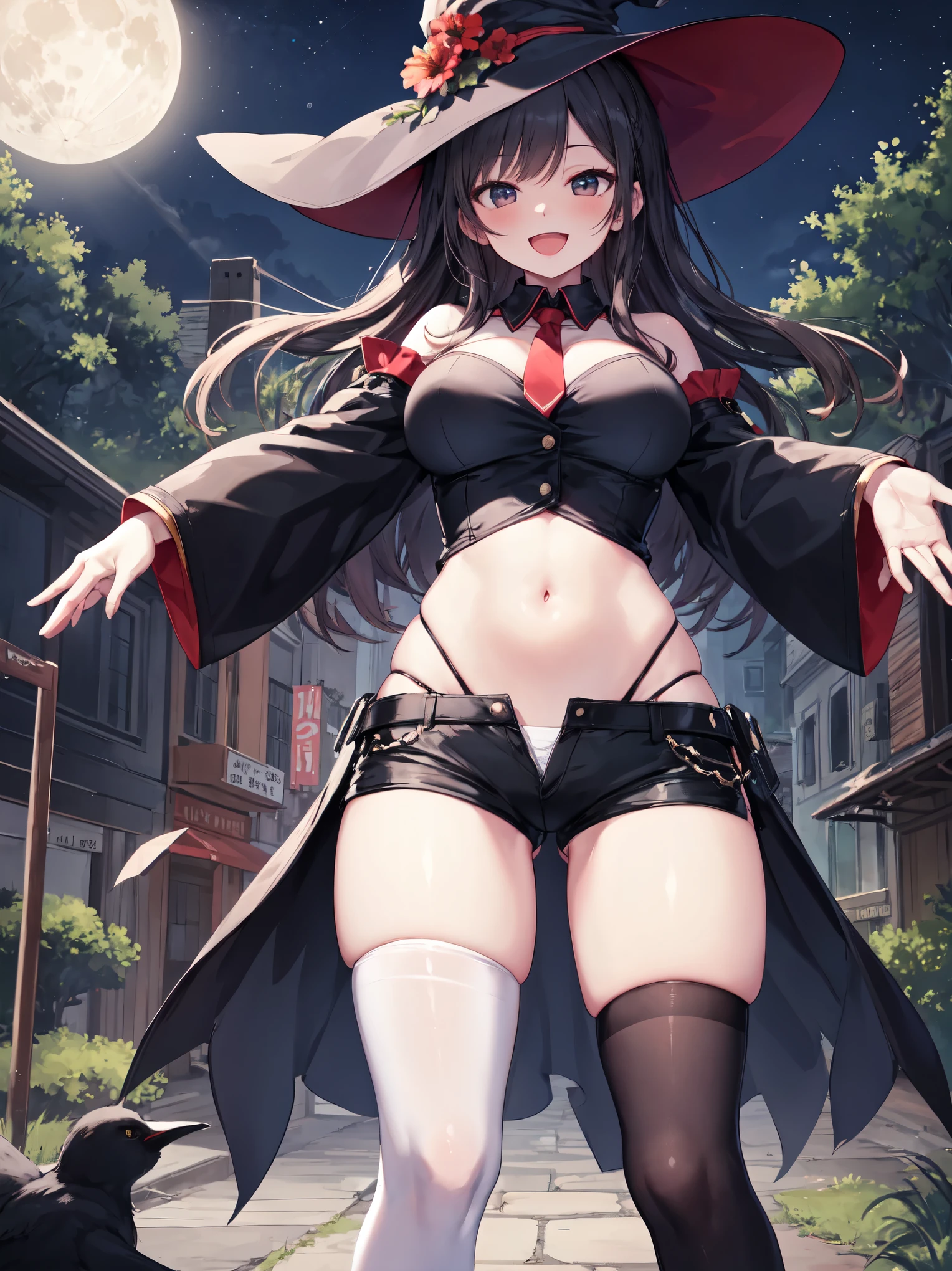 solo, 1 girl, 17yo, dark witch attire, dark witch hat, magic wand with blue gem, red eyes, (beautiful face and beautiful eyes:1.36), huge breasts, big butt, glamorous body