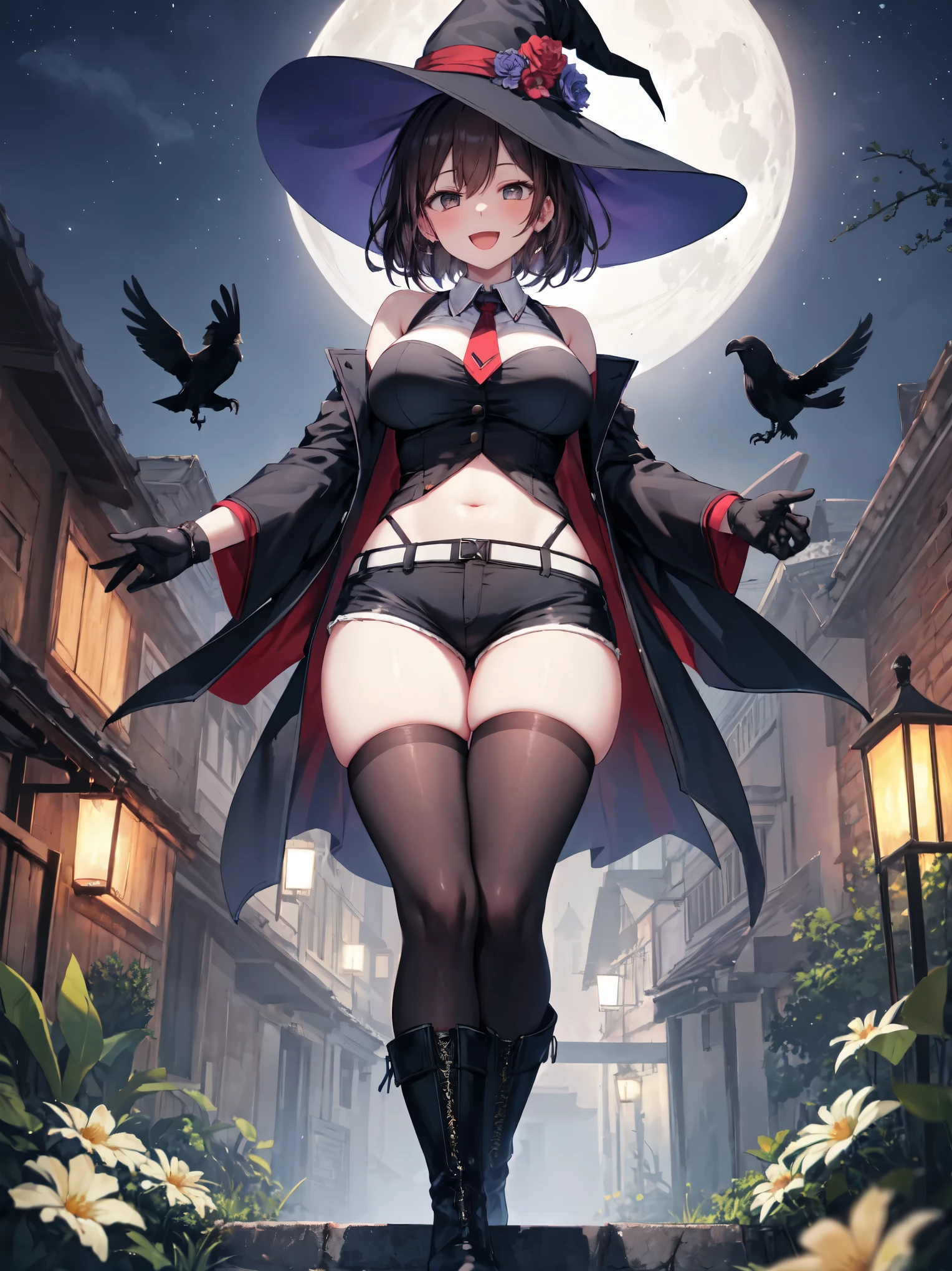 best quality, integrated scenery, integrated background, extremely delicate and beautiful, meticulous details, good composition, , cute face, perfect face, perfect hands,masterpiece, best quality,detached collar, witch hat, detached sleeves, black gloves, striped_thighhighs, looking at viewer, smile, night, trees, cats, crows, moon  ,large_breasts,dark_night_town_landscape cutout, looking at viewer, big_smile , old_town,happy,(covered_nipples:0.7),young_teen,full_of_beans,brown_hair,laugh,:D,open_mouth, glower,open_legs,rise_knee,short_shorts,crotch,short_boots,happy,bare_groin, Hooray_posing,rise_arms,covered_midriff,large_flower_ornaments,tie,black_military_jacket