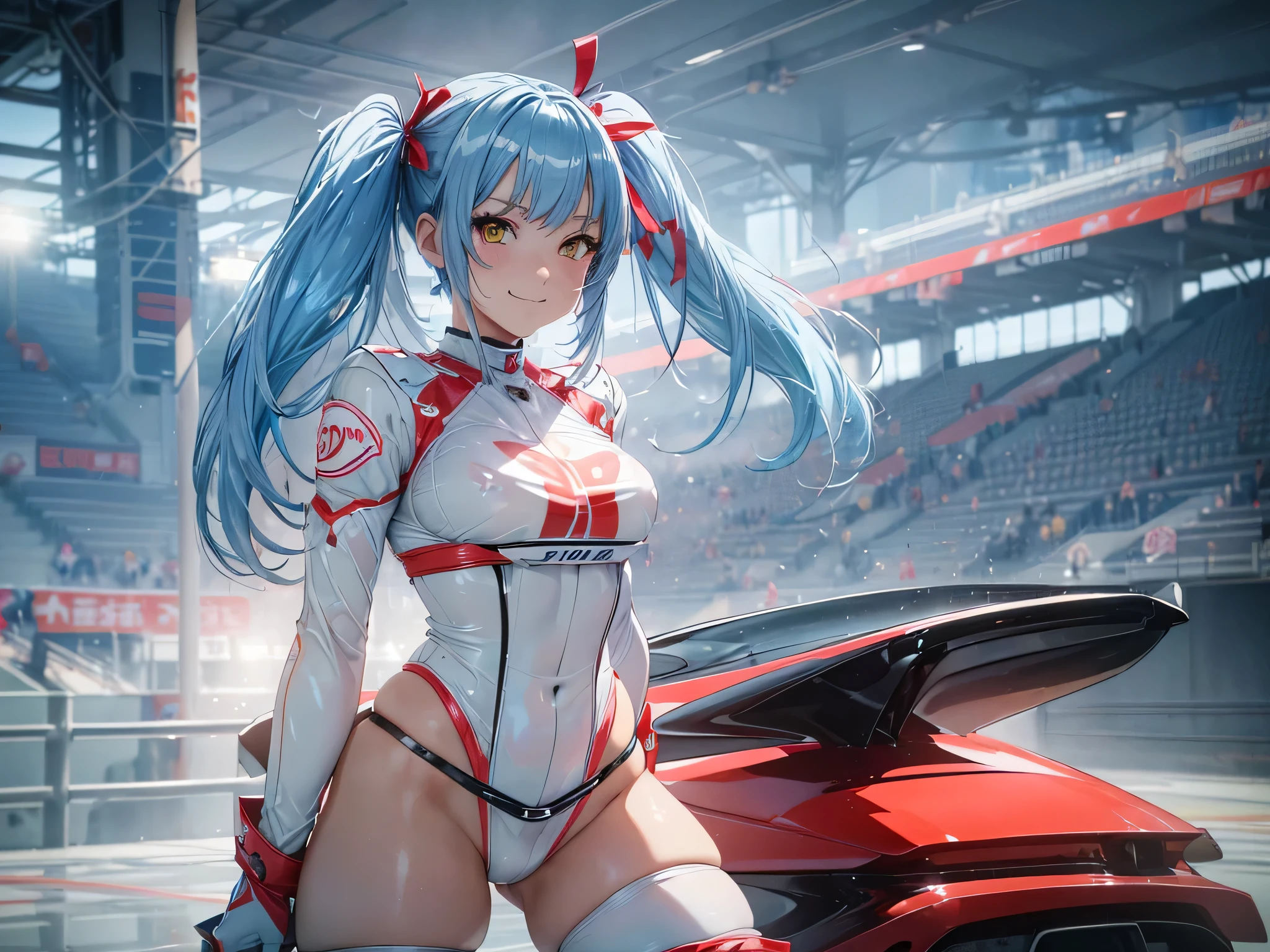 Highest quality、super high quality、16K, Breast size is random、Facial expressions are random、Location is random、 Hair color is silver hair、Pose standing、The distance is random、The angle is from directly below、Small face、Very delicate facial expressions、Delicate eye depiction、Highly detailed hair、Erotic、18-year-old female、Glowing Skin、Soft Skin、Lower Body、Ass、Sexy crotch、The only sexy Japanese woman、Race queen outfit random、Two female models、