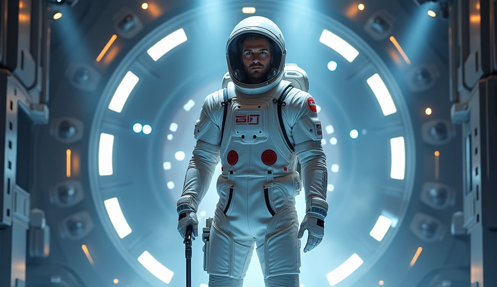 Transform this man into an astronaut, giving him a handsome look but realistic, dressed in a red and white spacesuit, standing next to his private spaceship. The image should be in 8k resolution with a realistic facial expression.