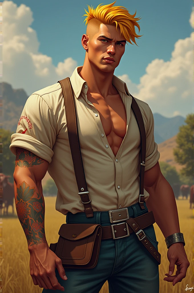 Close-up Quality (masterpiece1.2), (Best quality), (Intricate details)Male, 6'5, white, built, has big veiny hands. Tattoos that cover his neck, chest, arms, and back. has well-trimmed facial hair, tan from the sun, groomed body hair on his arms, and chest leading to a happy trail, Black hair that is short at the sides, longer at the top, Well-kept, Handsome, thin lips, sharp, defined, square jaw. Dimples, slightly crooked nose. Green eyes with hints of gold in the center. long eyelashes. Wearing blue jeans, black button up, dog tags, black leather riding boots