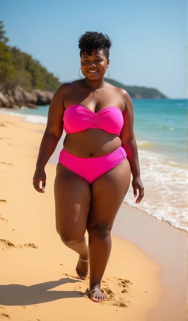 40 years old  short boycut hair big breasted black mature womam playing on the beach in pink bikini and barefoot 