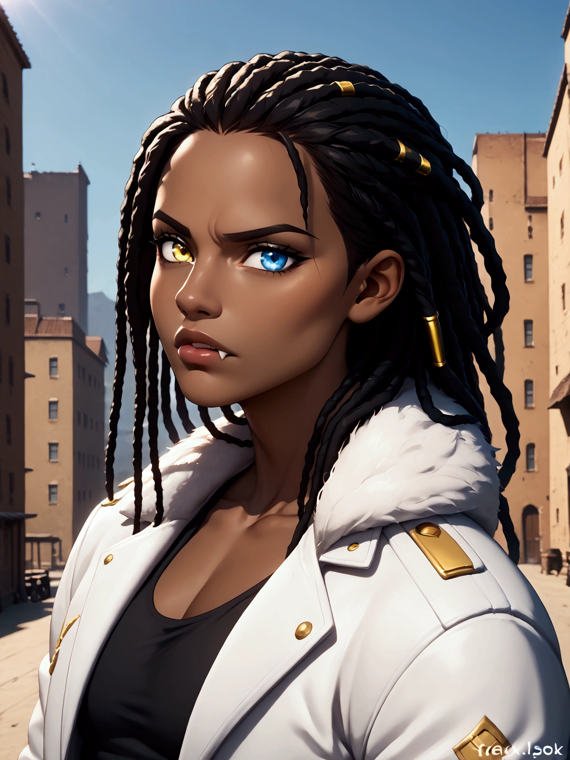 ((8k, 4k, intricate),(half-body-shot:1), (highly detailed:1.2),(detailed background:1.2),((dark skin, handsome face,lips, fangs, braided dreadlocks, dreadlock hairstyle, black hair)) close up of a person with long black dreadlocks and a apocalyptic background, white jacket with brown fur collar, black tank top shirt underneath jacket, fancy jacket with cool logo, handsome guy with different colored eyes, heterochromia{{{left blue eye, right yellow eye}}, black anime art, trigger anime artstyle