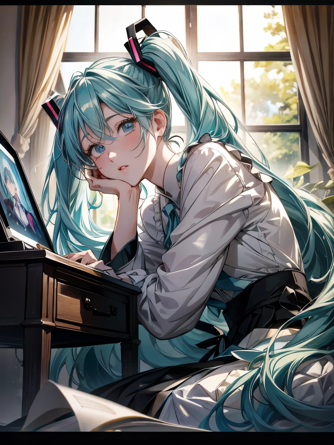 メイド服を着た Hatsune Miku 、Drunk look、 Hatsune Miku 、 beautifully detailed eyes、 beautifully detailed lips、 very detailedな顔、 long eyelashes、 photorealistic 、8k、 more、 High Quality 、 bright color、 Cinematic Lights、 Studio Lighting 、 very detailed、masterpiece、 complex details、 frame position 、Work at your desk in the 、 is anatomically accurate、