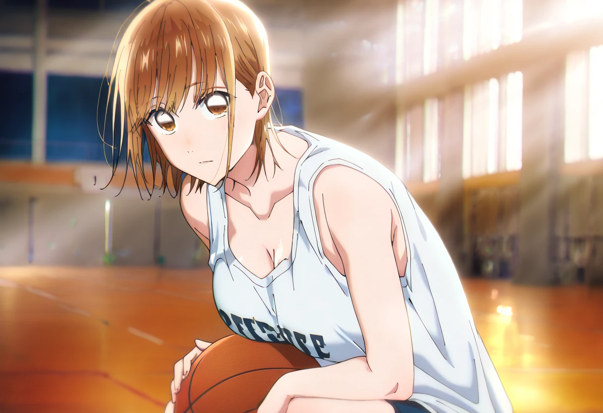   1 girl, Alone, Chinatsu,   Blurry Background,   brown eyes、  basketball uniform with a basketball in hand、   tank top、Bibs、 black inner 、Naked 、 big boobs、   large areolas supporting breasts 、  lean forward 、  place your hands on your knees、  small 、belly button、Gym、   Basketball Only  、looking at viewer, masterpiece,  top quality,   High Quality ,     very aesthetic  ,   absurd、(   Basketball Only  、 dribble、Move)、execution、 hopeless、  sweated、In motion、Basketball Ring  