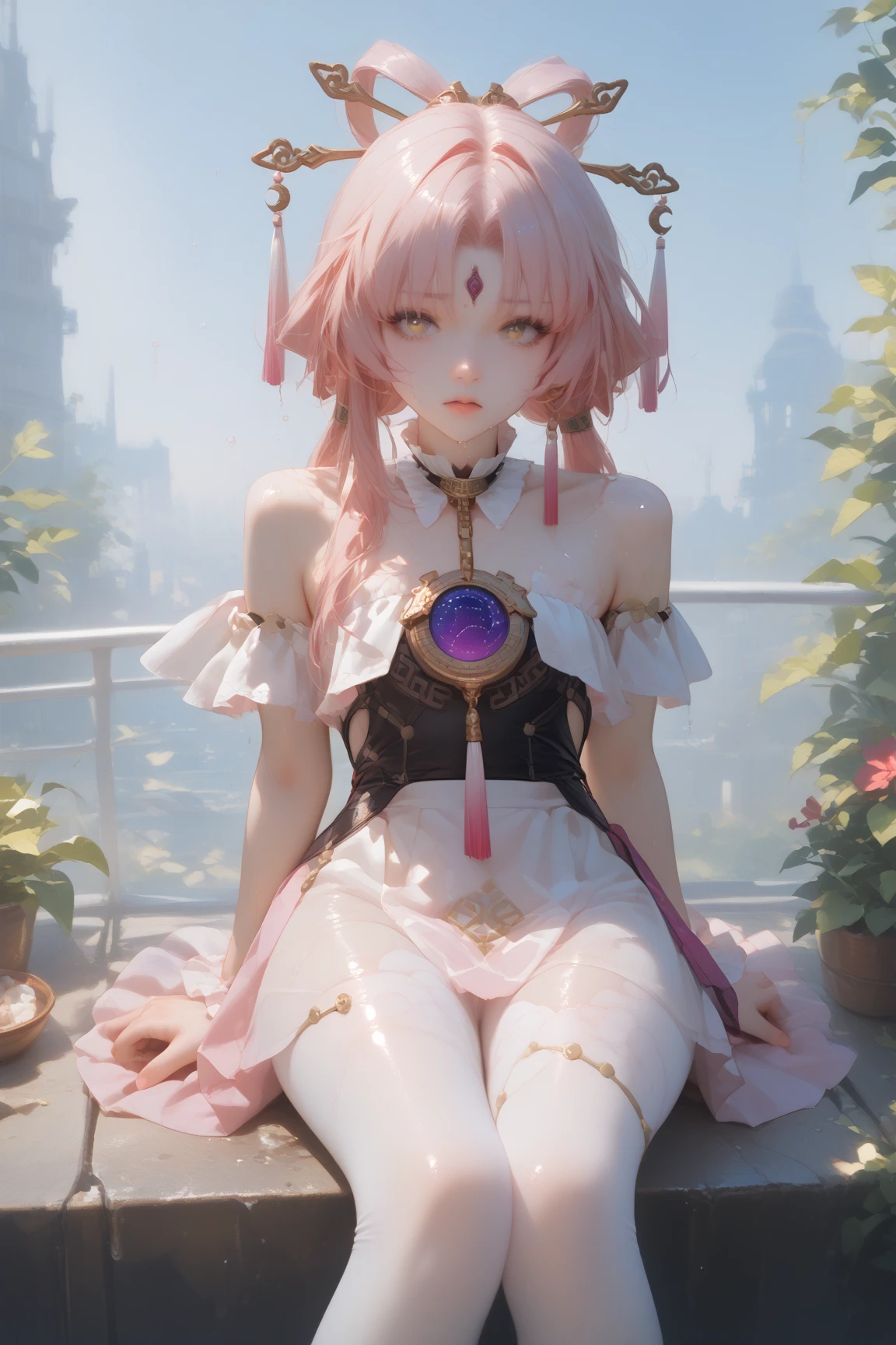 1girl, pink hair, (angry), white tights, (from below), ((looking at viewer)), looking down, (sweaty), ((naked pussy)), ((lingerie)), nipples, ((hourglass figure)), ((thick thighs)), ((naked)), ((white lingerie))