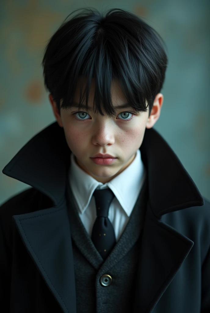 A boy with a coat black and white

