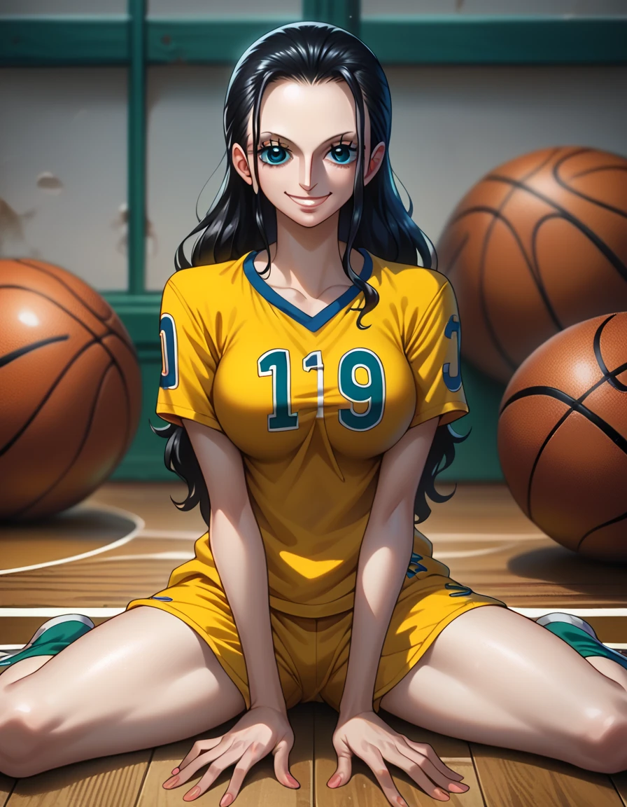 1girl, female focus, nico robin \(one piece\), sitting on floor, lakers jersey, yellow jersey, medium shot, detailed eyes, jersey, basketball player, solo, smile, black hair, (masterpiece), best quality, very aesthetic, perfect face
