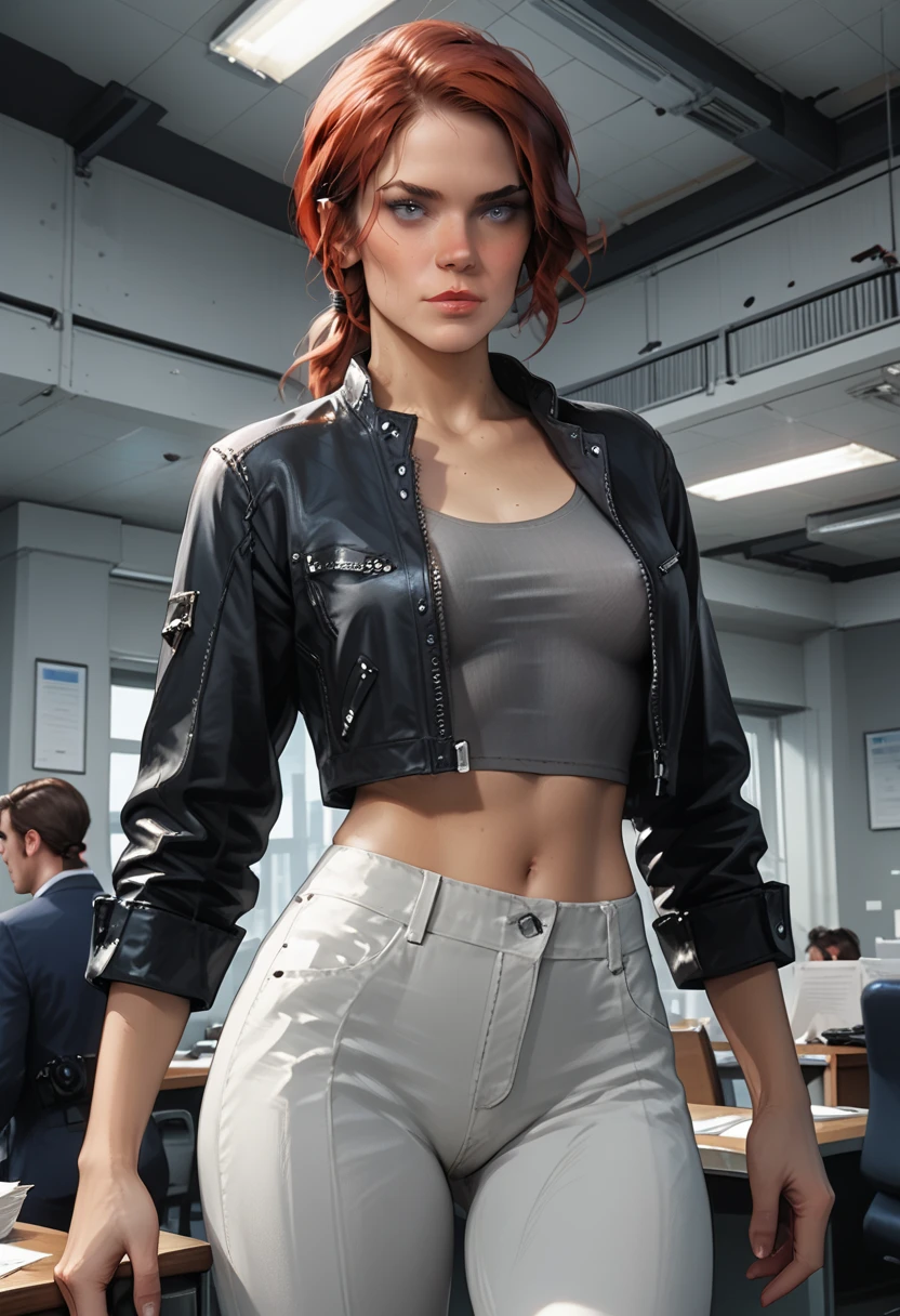 Score_9, score_8_up, score_7_up, source_real, realistic, photorealistic, 1girl, (Courtney Hope), (Jesse Faden) from "CONTROL", (bright blue eyes:1.32), red hair, in low loose ponytail, (fitted, 3/4 cropped black jacket), tight grey shirt, erect nipples, (skin-tight, low-rise black pants), holding, "Service Weapon", facing viewer, (dynamic action poses:1.37), (interior of vintage office:1.3), (white brutalist architecture), ultra-detailed, highly detailed, J3sse