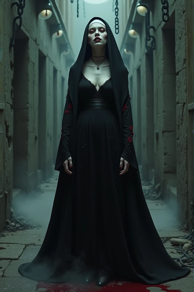  A stunningly beautiful Vampire nun stands in the heart of a dark .  her white skin. Shimmering faintly in the dim light of the torches ,  and her sharp , . Shiny fangs are exposed in a cunning smile ,  predatory smile .  wearing a torn but elegant nun's cloak , . Black fabric sticks to her body ,  maze with references to red embroidery that seems to pulsate like . She was pierced , . Red eyes like blood have an alarming density ,  in contrast to the peaceful expression of dedication on her face . . The prison around her is wet and scary ,  with broken stone walls ,  Iron chains hanging from the ceiling ,  veins and blazing torches cast eerie shadows that seem to move by themselves. . A light fog moves at her feet ,  and dark spots of blood that distort the cold ground of stone ,  that hint at actions that cannot be spoken of .  stands as an enchanted blend of divine beauty and unholy horror , , an angelic figure corrupted in darkness in a setting full of horror .&quot;
