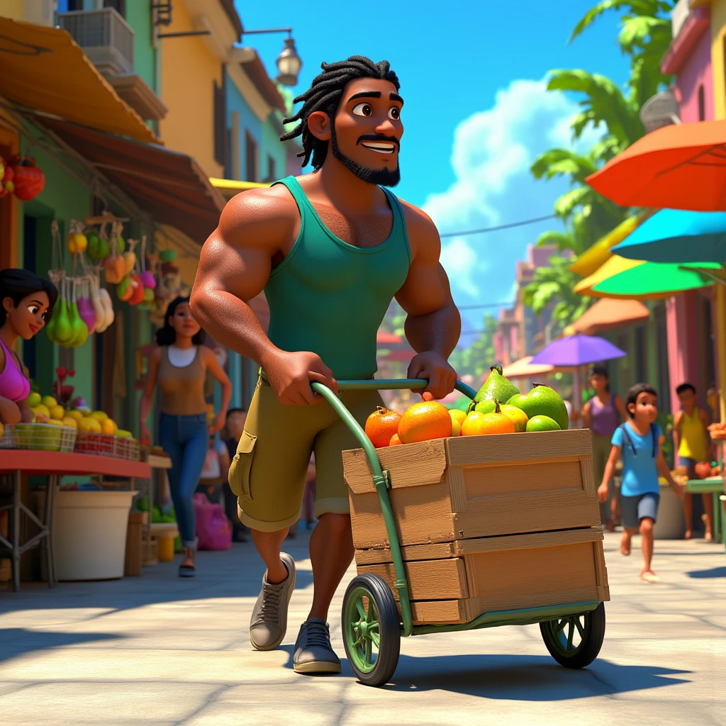 High,   muscular man in his 20s  ,  with dreadlocks ,  pulled back in his tail  ,   wearing a sleeveless tank top and cargo shorts  , his skin sparkles with sweat , ,  pushes a heavy cart with boxes of fruit on a busy market street with kiosks,   his expression is determined and focused  , background is bright, ,  sun-drenched Caribbean market with a colorful  ,  sellers shout their goods  , ,  and people ,  moving in a busy  , ,  the smell of fresh food in the air  