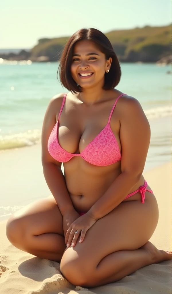 (Highest quality:1.2),(Perfect beautiful face 1.2),(Perfect and beautiful posture:1.2),(Heavyweight female wrestler:1.2),super sexy panties,((skin etnik transparan brown color:1.3)),((fat body)),Big ample breasts,Short Hair,Sharp eyes,On the beach of a deserted island, Micro Bikini, smile, messy armpit, Chubby, Armpit odor,full body