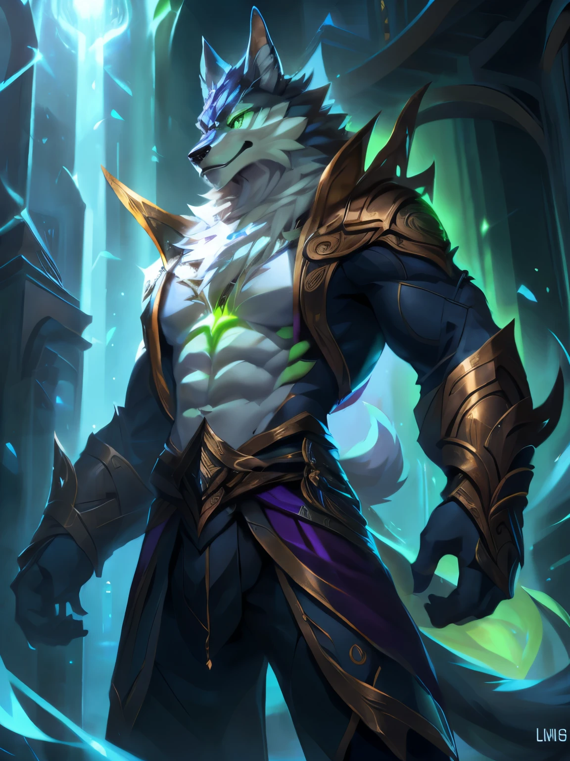 4k, high resolution, best quality, perfect colors, perfect shadows, perfect lighting, posted on e621, (by Chunie), male, furry, Wolf anthro, Green eyes, (Realistic eye details 1.2), abs, slim body, Perfect centralization, Fantastic Black-White beam, V0id3nergy, delight, Standing position, Abstract beauty, centre, Looking at the camera, Facing the camera, nearing perfection, Dynamic, highly  detailed, Liso, sharp focus, 8K, A high resolution, illustration