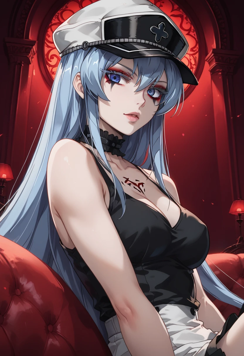 esdeath, 1girl, blue eyes, light blue hair, long hair, eyelashes, solo, black tank top, indoors ,medium breast, gothic dress, looking at the viewer, gothic makeup, GOTHIC MAKEUP, bedroom background, red lighted background, red lights, under red lights, HAT
