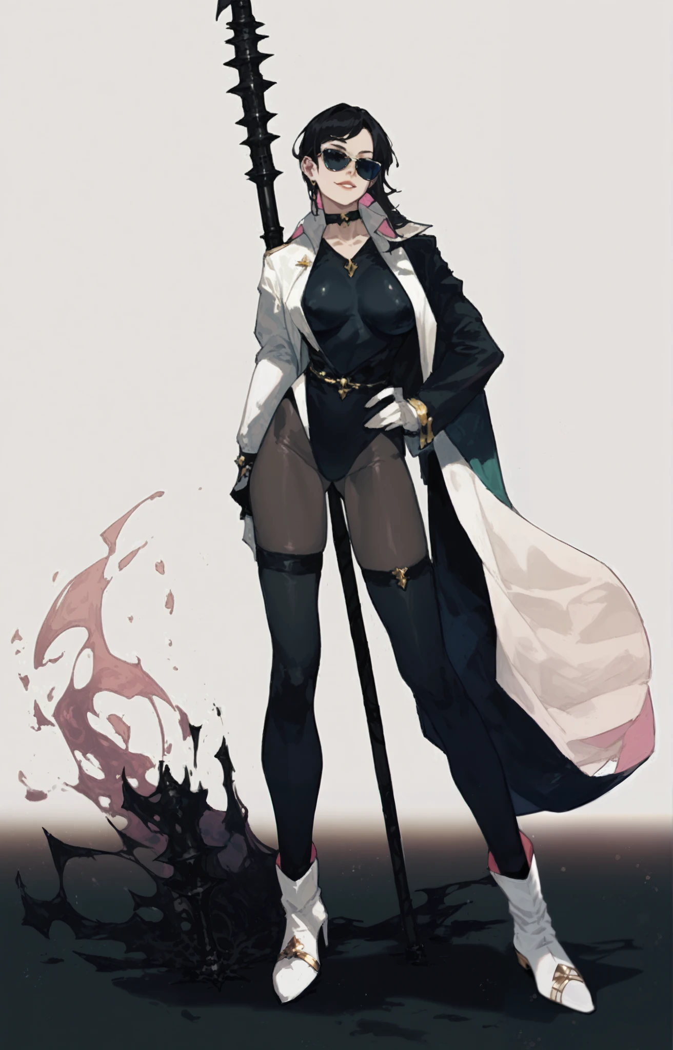 anime style, female character, black skin-tight bodysuit with white asymmetrical overlay tunic, geometric patterns, small pink decorative tassels on hip, thigh-high white boots with gold buckle details, extremely long straight dark blue-black hair with subtle pink undertones at ends, teal-framed sunglasses, black mechanical pole weapon with spiked ends resembling a war scythe, white and gold accents, standing pose with weapon resting against shoulder, slim athletic build, modern Chinese-inspired military uniform elements, white collar detail, black choker, minimalist color palette of black/white/gold with pink accents, clean sharp lineart on light gradient background  score_9, score_8_up, score_7_up, score_6_up, AdamHughesStyle,