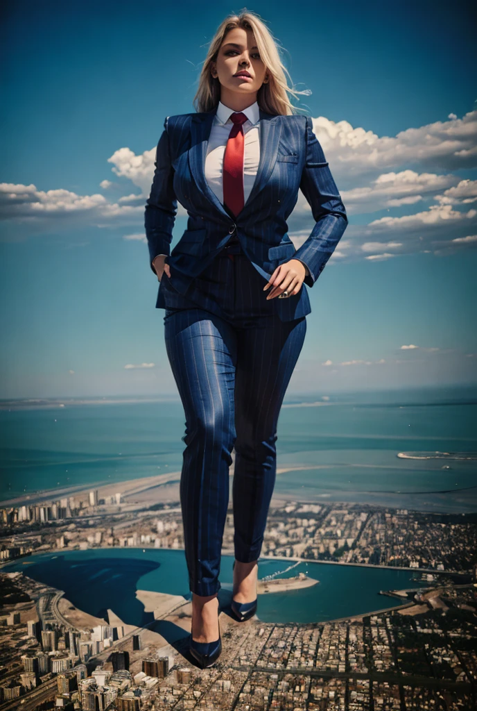 Giantess art, 100 miles tall giga giantess, sophisticated and stylish woman in a light navy blue italian pinstriped trouser suit, form fitting crisp white office shirt, and a large wide red necktie in a windsor knot, with a beautiful, curvaceous figure, large natural breasts, and long wavey blonde hair, with a curvaceous figure and massive breasts. wearing red rounded court high heels with uncovered feet and standing, rampage-like pose, with a cityscape background of mega-city, urban sprawl, and small towns, partially obscured by a hazy, cloudy atmosphere. The image is a high-resolution, masterpiece-quality, cinematic, ultra-detailed, and hyper-photorealistic photograph, with perfect hands, face, and lighting. ultra-detailed, 8K, photo-realistic, hyper-realistic, masterpiece, intricate details, full body view. Looking at camera, The image is a high-resolution, masterpiece-quality, cinematic, ultra-detailed, and hyper-photorealistic photograph, with perfect hands, face, and lighting. ultra-detailed, 8K, photo-realistic, hyper-realistic, masterpiece, intricate details, full body view, view from below