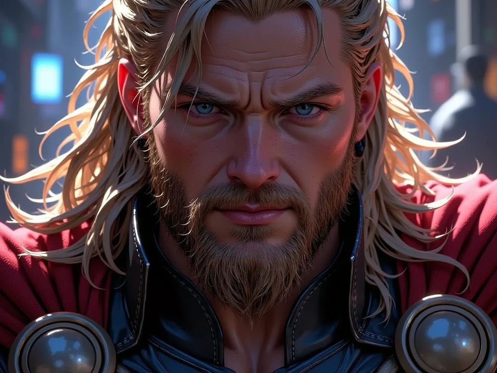 Movie scene , Close-up of Marvel's Thor , distorted space, undead distorted in the background, destellos de lente, Shafts of light, intricate details , highly detailed , volumetric lighting , 4K rendering, Stock photo, hyper-realistic, Realistic textures, dramatic lighting , Unreal Engine