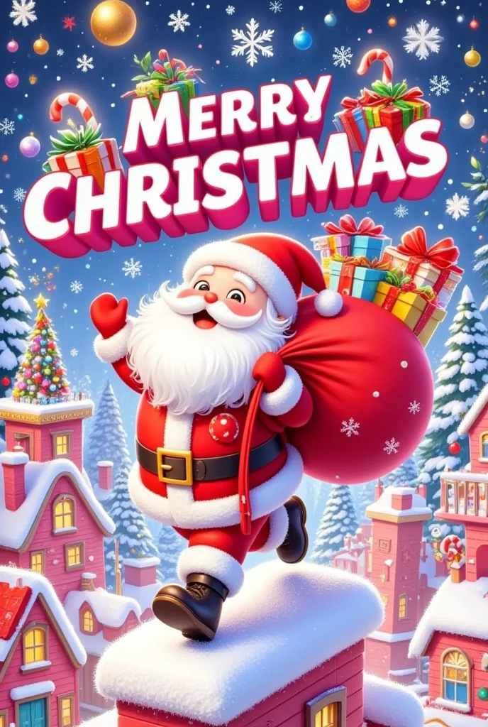 a happy santa claus in a candy cane, cute snowmen, colorful scarves, exaggerated expressions and poses, festive christmas atmosphere, snowy winter landscape, 8k, highly detailed, cinematic lighting, vibrant colors, warm color palette, photorealistic, digital art, christmas poster