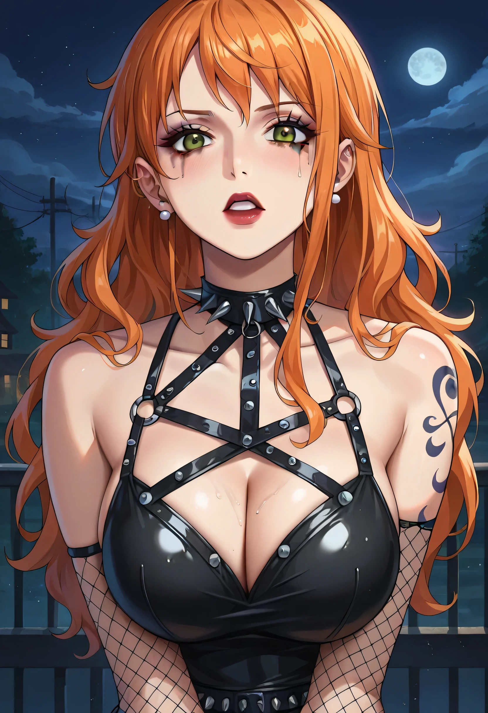 score_9, score_8_up, score_7_up, score_6_up, score_5_up, score_4_up, BREAK source_anime,nami_post, orange hair, long hair, wavy hair, side locks, brown eyes, large breasts, big breasts, at night, night, ghotic, spikes, latex, fishnet pantyhoes, gd, BROWN EYES, brown eyes, gothic makeup, gothic lipstick, from behind,
