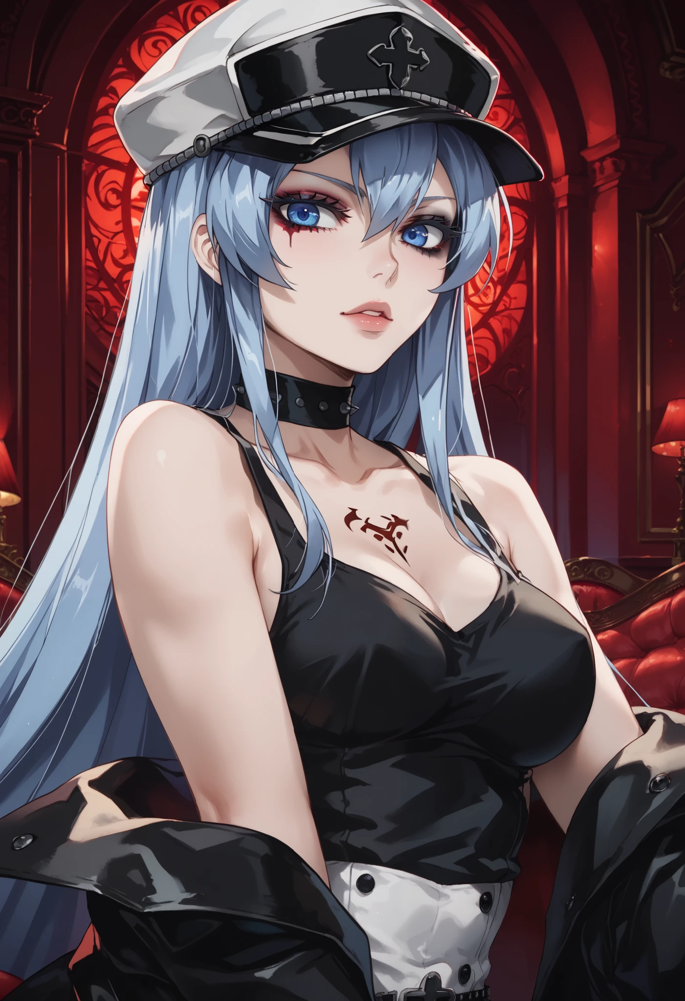 esdeath, 1girl, blue eyes, light blue hair, long hair, eyelashes, solo, black tank top, indoors ,medium breast, gothic dress, looking at the viewer, gothic makeup, GOTHIC MAKEUP, bedroom background, red lighted background, red lights, under red lights, HAT
