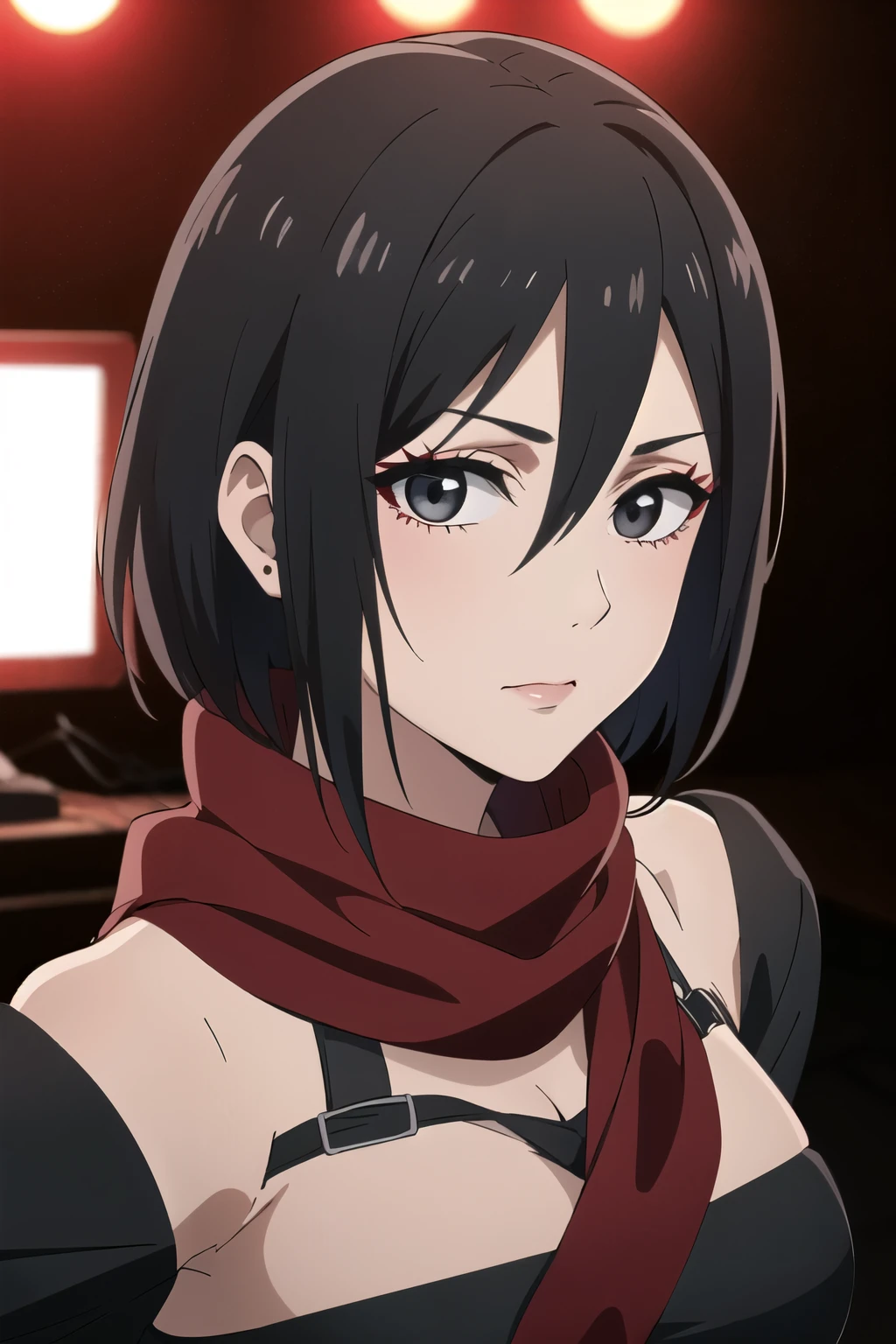 masterpiece, best quality, highres, hmmikasa, short hair, black eyes, scarf, red scarf, large breast, eyelashes, gothic dress, looking at the viewer, in the center of the image, gothic makeup, GOTHIC MAKEUP, bedroom background, red lighted background, red lights, under red lights