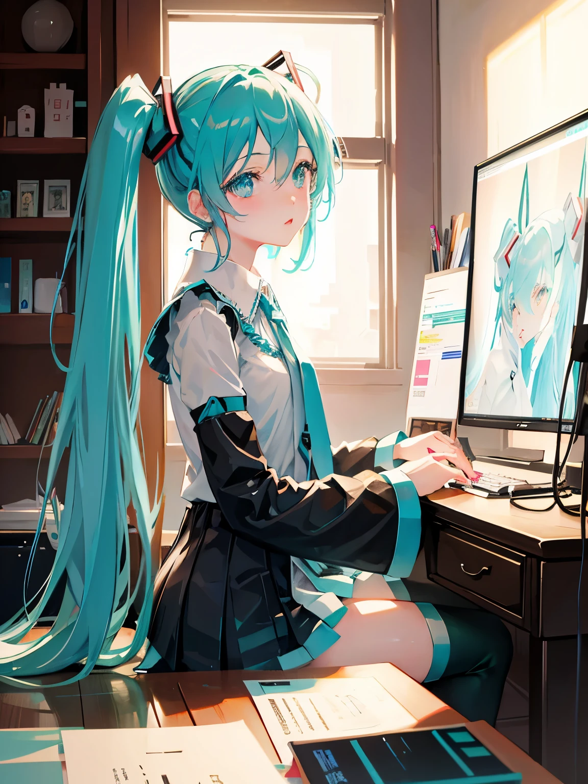 メイド服を着た Hatsune Miku 、Drunk look、 Hatsune Miku 、 beautifully detailed eyes、 beautifully detailed lips、 very detailedな顔、 long eyelashes、 photorealistic 、8k、 more、 High Quality 、 bright color、 Cinematic Lights、 Studio Lighting 、 very detailed、masterpiece、 complex details、 frame position 、Work at your desk in the 、 is anatomically accurate、