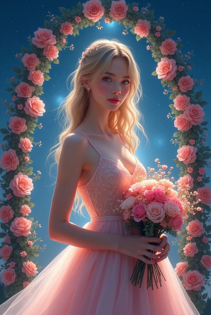  A beautiful girl in a delicate dress with lush hair with beautiful eyes,  She is holding a beautiful bouquet ,  the flower arch next to her ,  blond hair, delicate colors, bright colors, Background Night, stars,  little lights are burning , Flowers glow on the arch , beautiful colors,  better quality , 8 k,  complex ,  masterpiece fails,  maximum quality ,