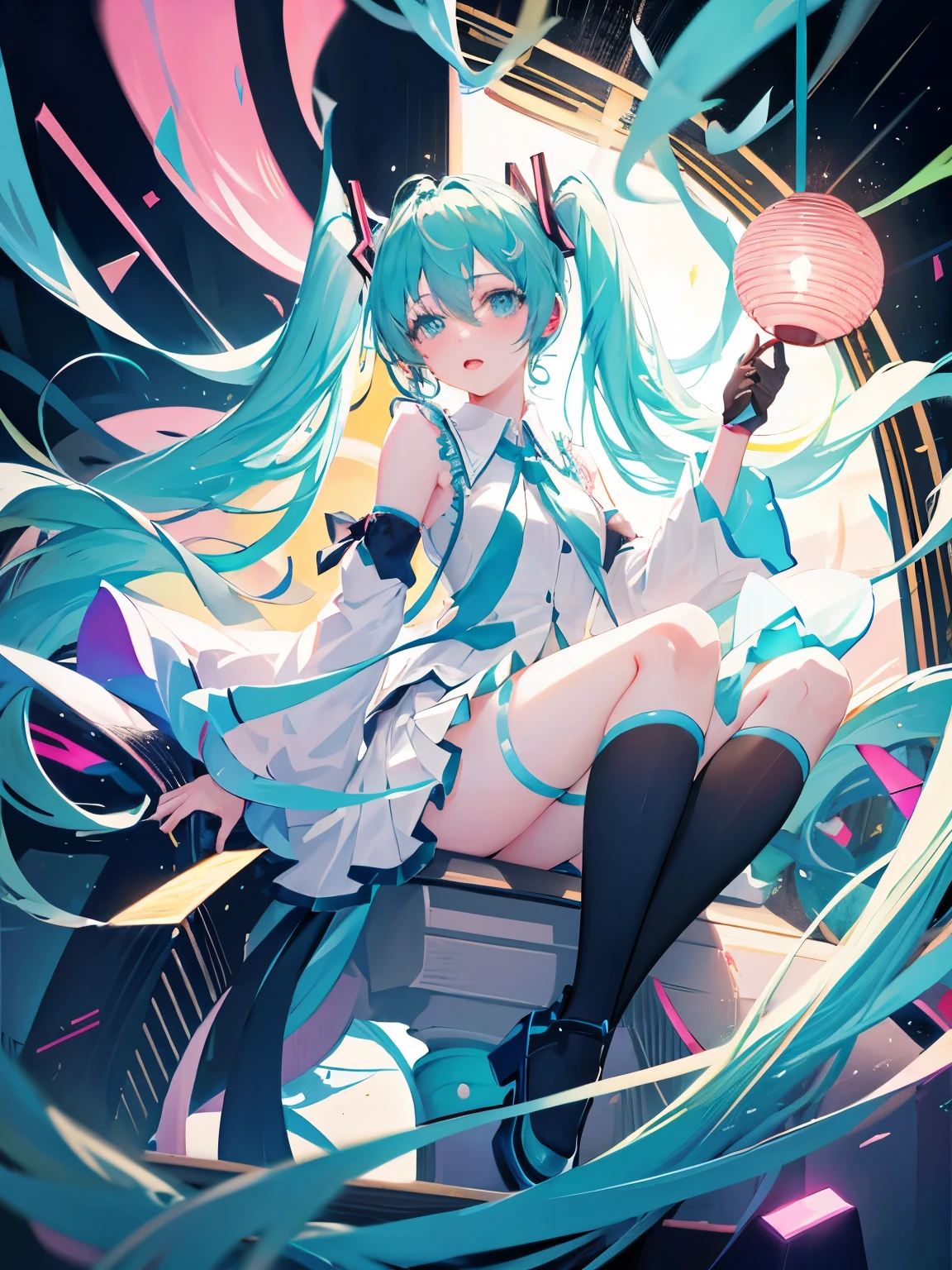 メイド服を着た Hatsune Miku 、Drunk look、 Hatsune Miku 、 beautifully detailed eyes、 beautifully detailed lips、 very detailedな顔、 long eyelashes、 photorealistic 、8k、 more、 High Quality 、 bright color、 Cinematic Lights、 Studio Lighting 、 very detailed、masterpiece、 complex details、 frame position 、Work at your desk in the 、 is anatomically accurate、