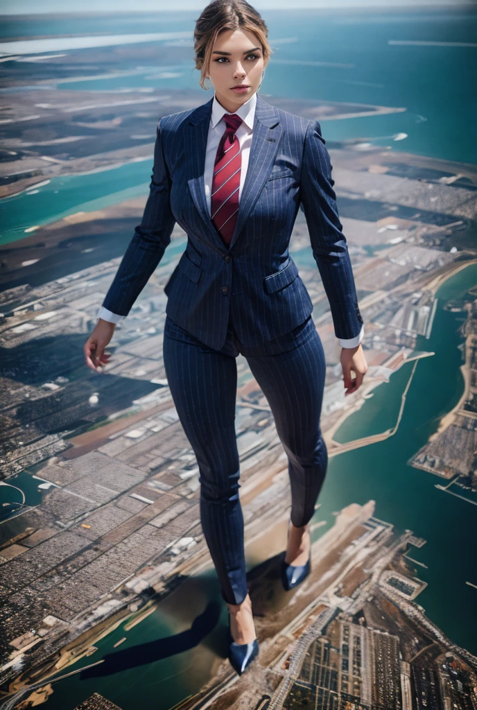 Giantess art, 100 miles tall giga giantess, sophisticated and stylish woman in a light navy blue italian pinstriped trouser suit, form fitting crisp white office shirt, and a large wide red necktie in a windsor knot, with a beautiful, curvaceous figure, large natural breasts, and long wavey blonde hair, with a curvaceous figure and massive breasts. wearing red rounded court high heels with uncovered feet and standing, rampage-like pose, with a cityscape background of mega-city, urban sprawl, and small towns, partially obscured by a hazy, cloudy atmosphere. The image is a high-resolution, masterpiece-quality, cinematic, ultra-detailed, and hyper-photorealistic photograph, with perfect hands, face, and lighting. ultra-detailed, 8K, photo-realistic, hyper-realistic, masterpiece, intricate details, full body view. Looking at camera, The image is a high-resolution, masterpiece-quality, cinematic, ultra-detailed, and hyper-photorealistic photograph, with perfect hands, face, and lighting. ultra-detailed, 8K, photo-realistic, hyper-realistic, masterpiece, intricate details, full body view, view from below