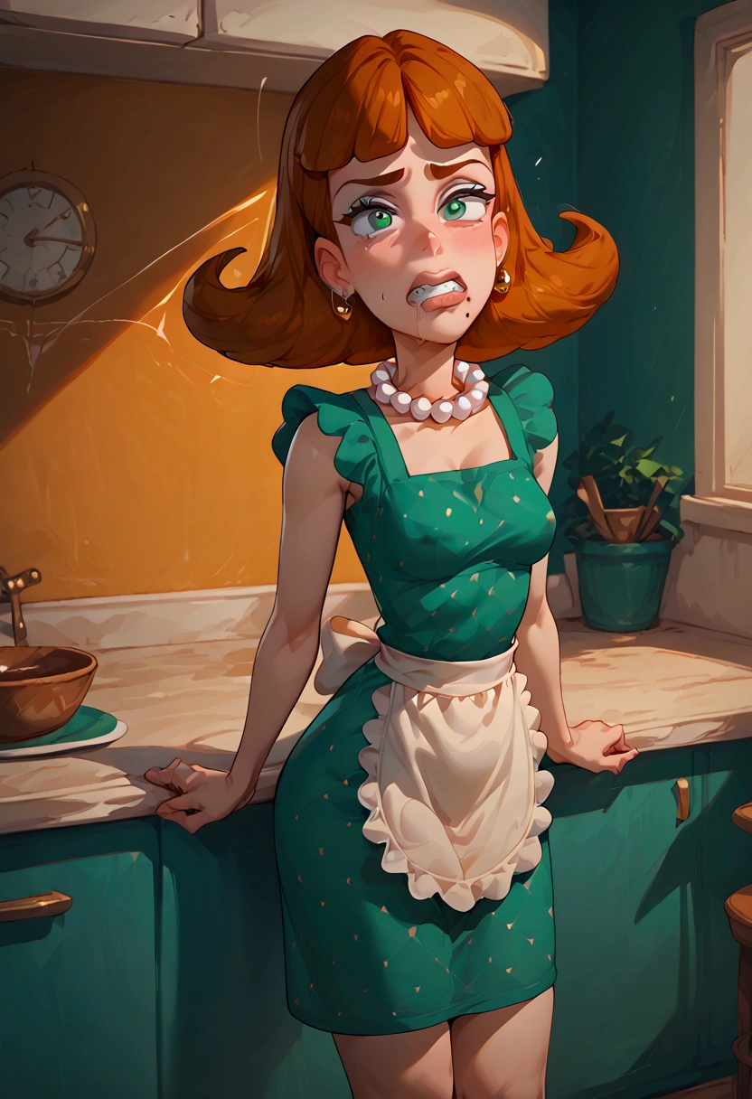 Masterpiece, perfect face,judy neutron, 1girl, green eyes, solo, orange hair, mole under mouth, green dress, apron, pearl necklace, bubble butt, big tits, long legs, look at the viewer with anger, deep cleavage, almost visible nipples, Rough sex, teeth clenched, wide eyes, blushing, sweating