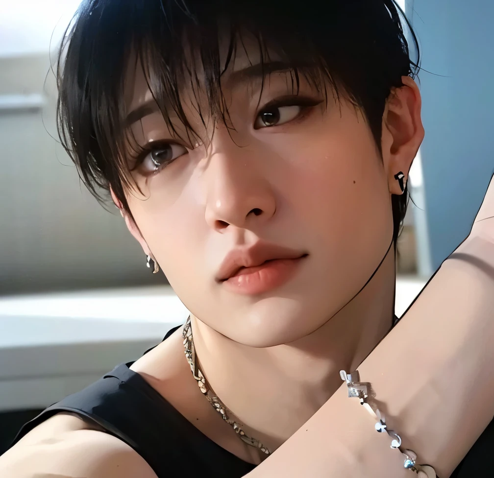 Bangchan skz face, high resolution , anatomically correct , quality, super detail ,  Ultra HD, rosto tenso