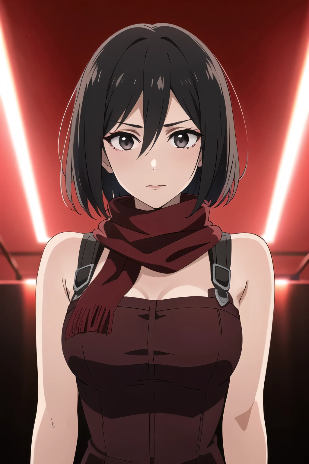 masterpiece, best quality, highres, hmmikasa, short hair, black eyes, scarf, red scarf, large breast, eyelashes, gothic dress, looking at the viewer, in the center of the image, gothic makeup, GOTHIC MAKEUP, bedroom background, red lighted background, red lights, under red lights