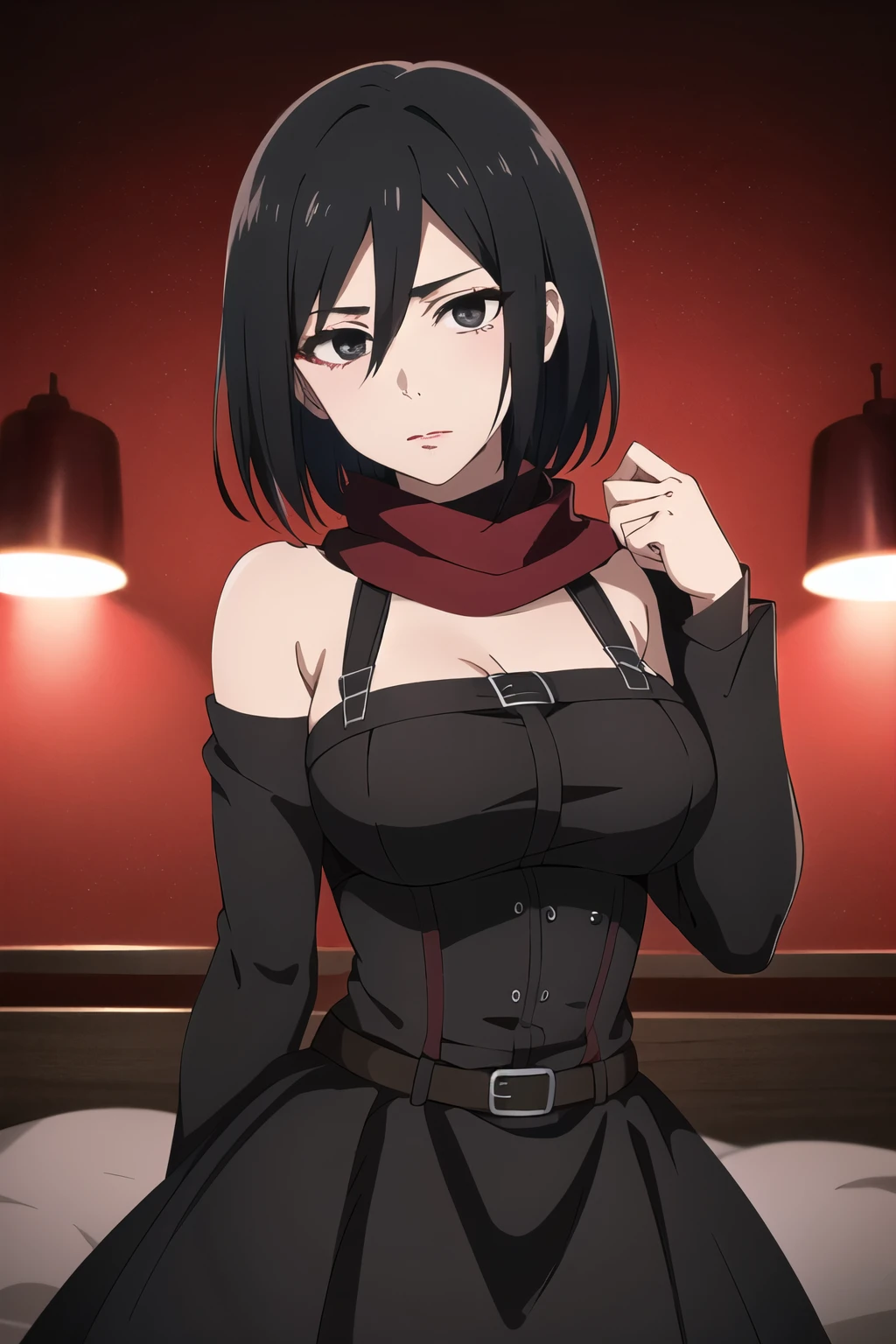 masterpiece, best quality, highres, hmmikasa, short hair, black eyes, scarf, red scarf, large breast, eyelashes, gothic dress, looking at the viewer, in the center of the image, gothic makeup, GOTHIC MAKEUP, bedroom background, red lighted background, red lights, under red lights