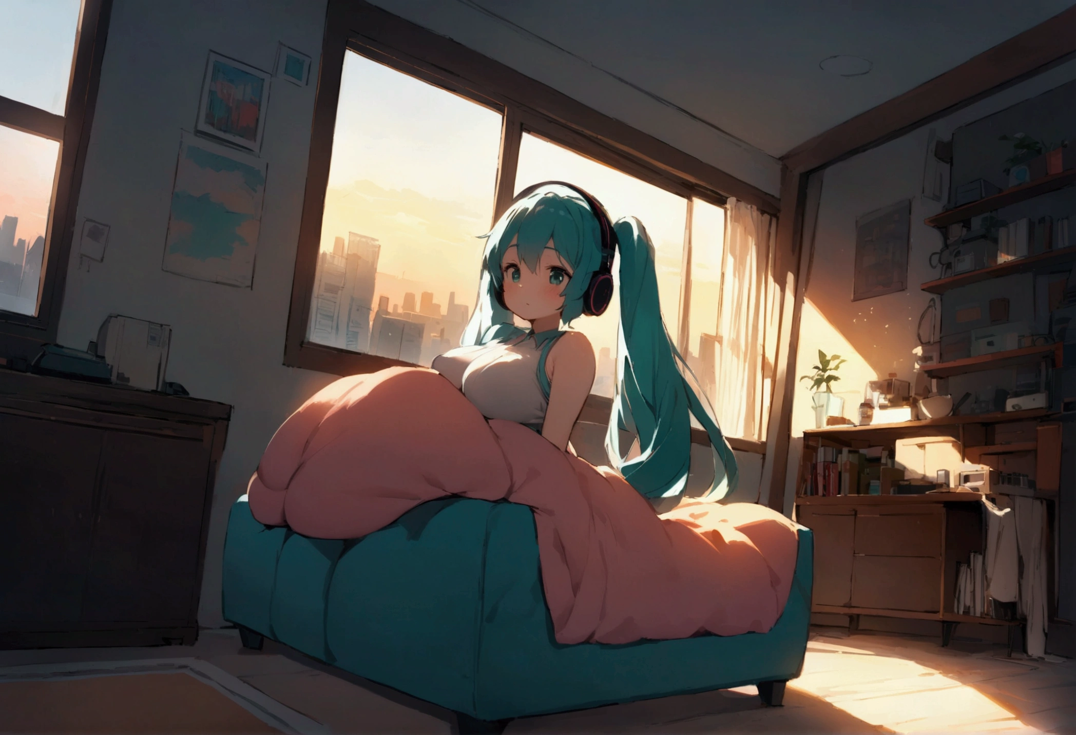 ( plump breasts ),((Best Quality)), (masterpiece), wide-angle view of a cozy, bright room during golden hour. Hatsune Miku sits by the window, wearing headphones, with teal twin tails and a serene expression. Warm sunlight streams through the window, casting a soft glow over the room. The space features simple yet inviting furniture, a few audio devices with subtle reflections, and a vibrant cityscape visible outside, creating a lively yet nostalgic mood.