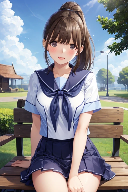 my grandmother、 shiny chestnut hair , リボン付き ponytail, ( brown pretty eyes、 sparkling eyes , Fine grain)、smile、 super detailed eyes、 very detailed face,  very detailed eyes, Cowboy Shot , Only one woman, 



 ultra detail ,masterpiece, top quality,jcf,  1 girl,, ponytail,Big Bow,, ((blue sky、 park bench)),machine, Window , short sleeve white sailor suit 、 Navy Blue Mini Pleated Skirt、 Very Short Miniskirt、Bare thighs、,  open your mouth and laugh、