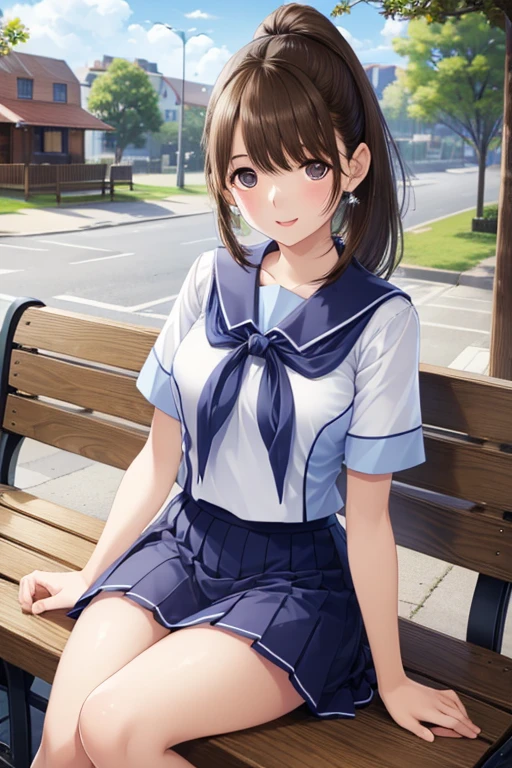 my grandmother、 shiny chestnut hair , リボン付き ponytail, ( brown pretty eyes、 sparkling eyes , Fine grain)、smile、 super detailed eyes、 very detailed face,  very detailed eyes, Cowboy Shot , Only one woman, 



 ultra detail ,masterpiece, top quality,jcf,  1 girl,, ponytail,Big Bow,, ((blue sky、 park bench)),machine, Window , short sleeve white sailor suit 、 Navy Blue Mini Pleated Skirt、 Very Short Miniskirt、Bare thighs、,  open your mouth and laugh、