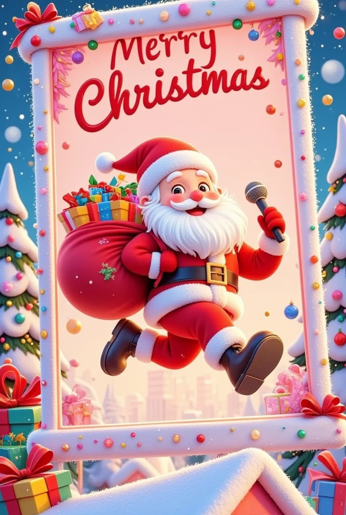 a happy santa claus in a candy cane, cute snowmen, colorful scarves, exaggerated expressions and poses, festive christmas atmosphere, snowy winter landscape, 8k, highly detailed, cinematic lighting, vibrant colors, warm color palette, photorealistic, digital art, christmas poster