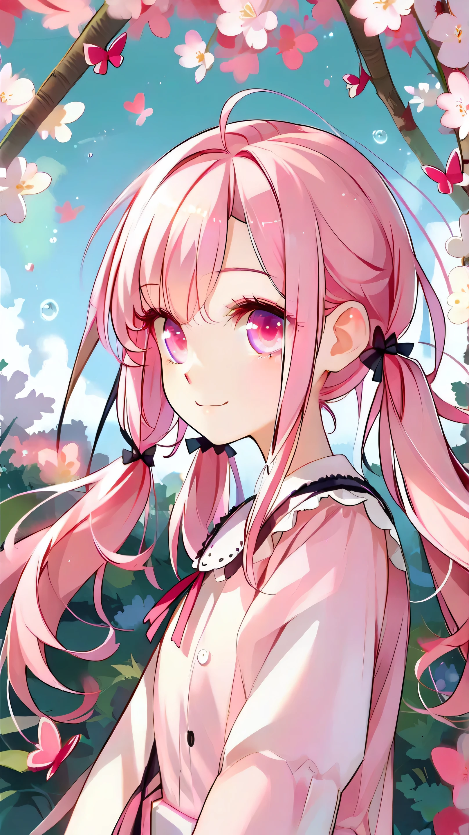 big expressive eyes, cute face, soft skin, pink hair, pigtails, cute dress, lace and bows.
