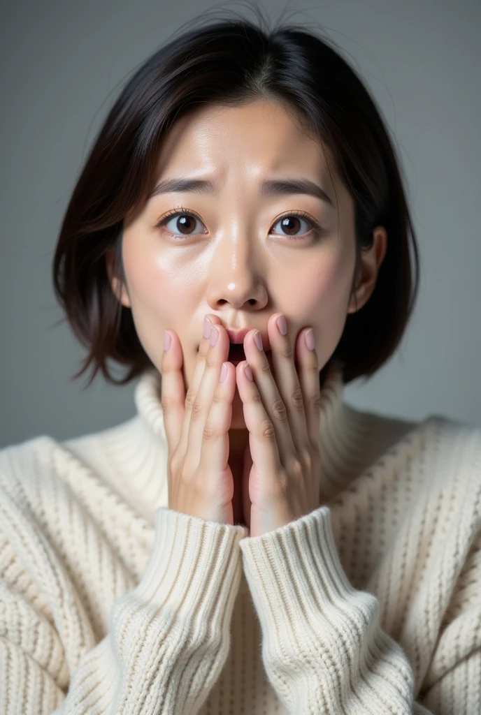  1 girl, solo,  high definition , chest,  open your mouth slightly ,  anatomically correct, Japanese wife 、45 years old、 is surprised and holds her mouth with both hands、 short hair
、 Cowboy Shot ,  high neck sweater 