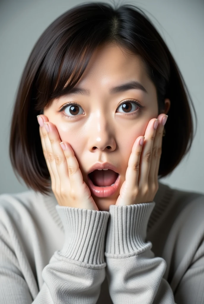  1 girl, solo,  high definition , chest,  open your mouth slightly ,  anatomically correct, Japanese wife 、45 years old、 is surprised and holds her mouth with both hands、 short hair
、 Cowboy Shot ,  high neck sweater 