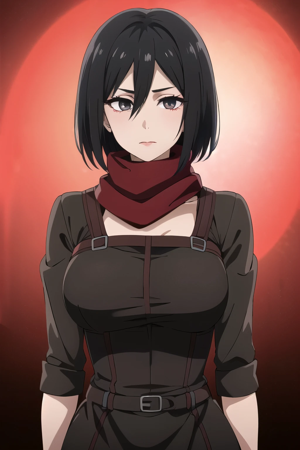 masterpiece, best quality, highres, hmmikasa, short hair, black eyes, scarf, red scarf, large breast, eyelashes, gothic dress, looking at the viewer, in the center of the image, gothic makeup, GOTHIC MAKEUP, bedroom background, red lighted background, red lights, under red lights