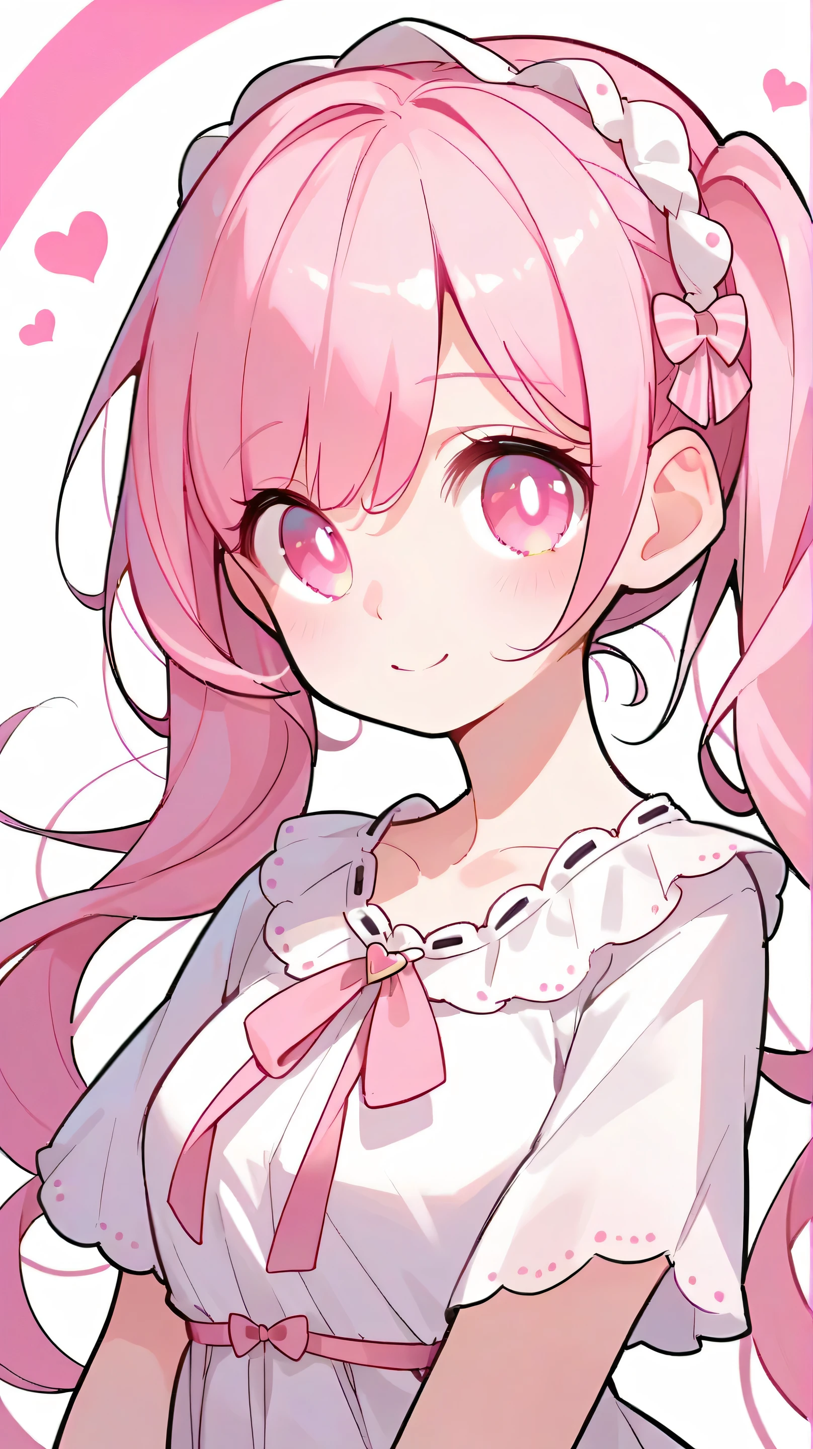 big expressive eyes, cute face, soft skin, pink hair, pigtails, cute dress, lace and bows.