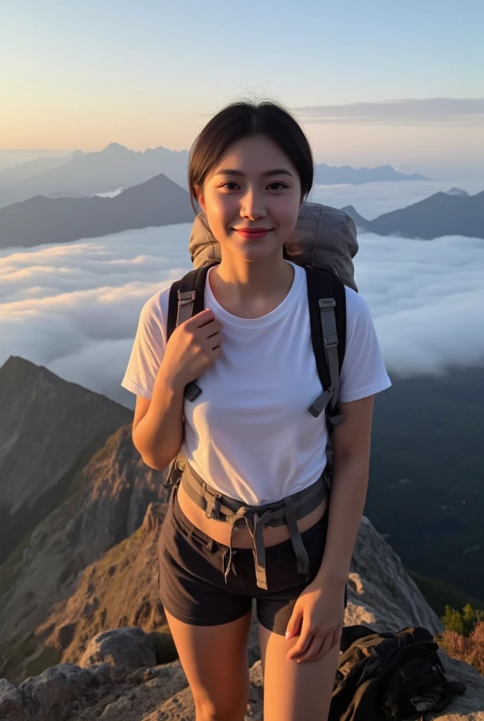 Highest quality, masterpiece, Ultra-high resolution, (Realistic:1.3), RAW Photos, (Nature landscape photography), (Majestic Mountain, sea of clouds), (At the top of a very high mountain), (sunset), (One Girl), (Upper Body), (20-year-old), (smile:0.9), (Glowing Skin), (short hair, Dark brown hair), (White T-shirt), (Trekking shorts), (Carry a large backpack on your back), (Ultra detailed face), (Super beautiful poop), (Highly detailed eyes), (Highly detailed nose), (Highly detailed mouth), (Very skilled hands), (Super-detailed body), Sony a7, 85mm lens, f9.0, Pan Focus