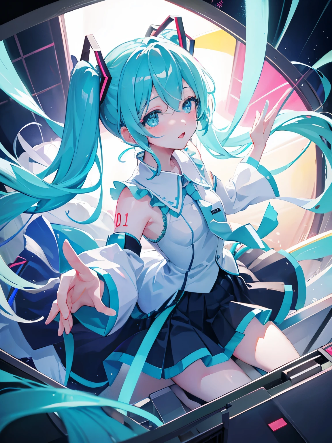 メイド服を着た Hatsune Miku 、Drunk look、 Hatsune Miku 、 beautifully detailed eyes、 beautifully detailed lips、 very detailedな顔、 long eyelashes、 photorealistic 、8k、 more、 High Quality 、 bright color、 Cinematic Lights、 Studio Lighting 、 very detailed、masterpiece、 complex details、 frame position 、Work at your desk in the 、 is anatomically accurate、