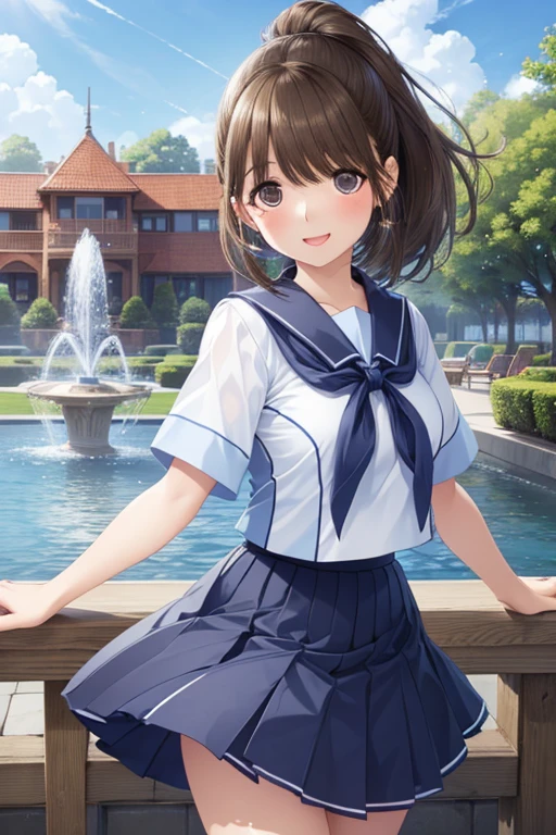 my grandmother、 shiny chestnut hair , リボン付き ponytail, ( brown pretty eyes、 sparkling eyes , Fine grain)、smile、 super detailed eyes、 very detailed face,  very detailed eyes, Cowboy Shot , Only one woman, 



 ultra detail ,masterpiece, top quality,jcf,  1 girl,, ponytail,Big Bow,, ((blue sky、Park fountain、Smiling face)),machine, Window , short sleeve white sailor suit 、 Navy Blue Mini Pleated Skirt、 Very Short Miniskirt、Bare thighs、,  open your mouth and laugh、