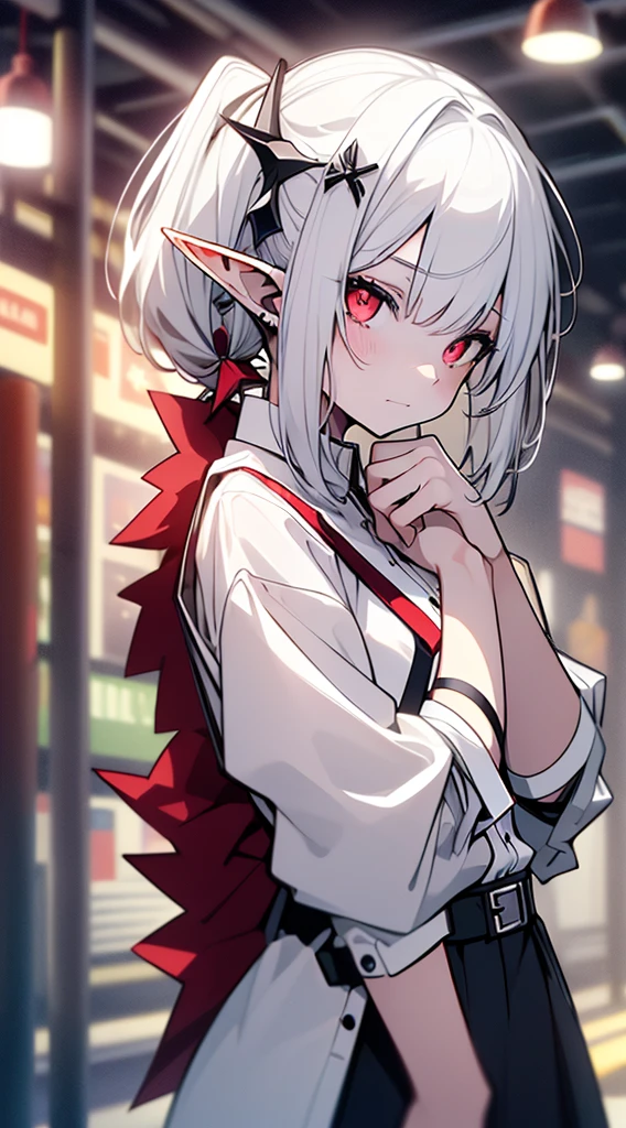 ((( top quality， high definition ，8k， Fair-skinned girl ， top quality)))，(White Hair:1.2)，(poneyTail:1.3)，( red eyes:1.2)，(Elf Ears:1.3)，( white shirt:1.5)、Place your hands on your hips、Shy