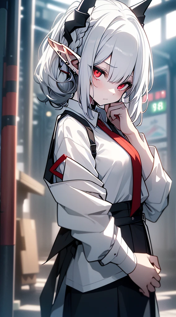 ((( top quality， high definition ，8k， Fair-skinned girl ， top quality)))，(White Hair:1.2)，(poneyTail:1.3)，( red eyes:1.2)，(Elf Ears:1.3)，( white shirt:1.5)、Place your hands on your hips、Shy